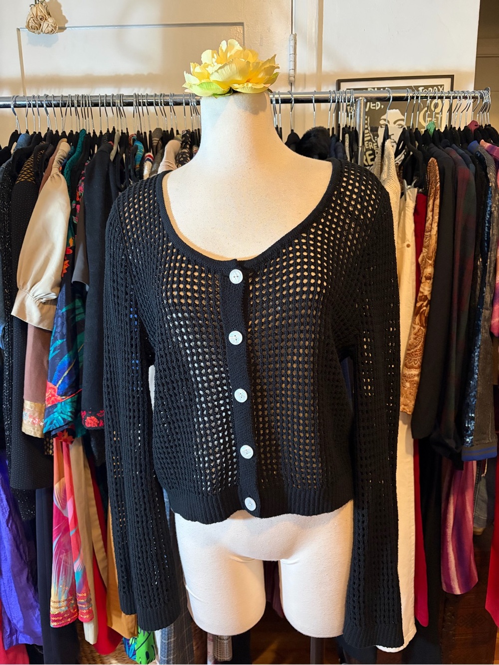 A New Day Black Open-Knit Crochet Cardigan Sweater Size L